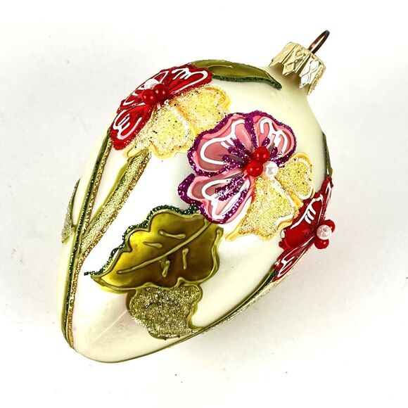 VTG Glass Christmas Ornament Floral Cloisonne Victorian style oval beads pearls - Picture 1 of 6